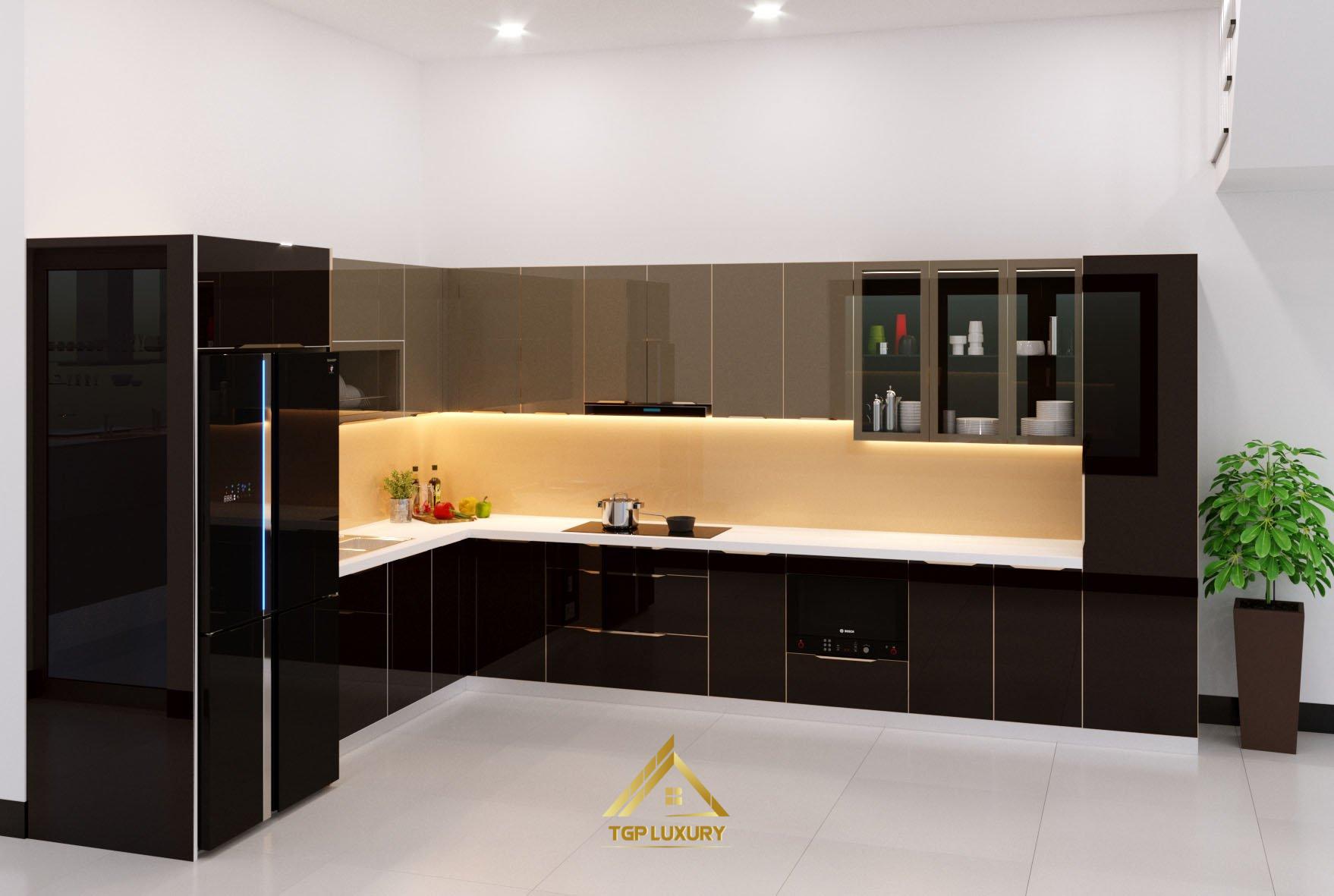 Mẫu tủ bếp inox cánh kính cường lực đẹp, cao cấp
